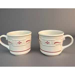 Set of 2 Longaberger Pottery Red Woven Traditions 8 oz. Tea Coffee Cups Mugs USA